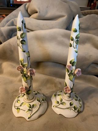 Vintage Capodimonte Porcelain Multi Flower Candles And Candlestick Holder