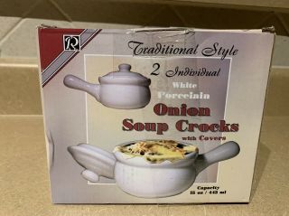 Set Of 2 White Soup Crock Bowls W/lids & Handles R&m International