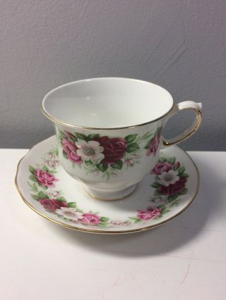 Queen Anne Bone China England Purple And Pink Roses Tea Cup And Saucer 8499