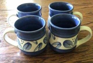 Pfaltzgraff Villa Flora Blue Leaves Leaf Mexico Coffee Mugs Cups Stoneware Set 4
