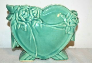 Vintage Mccoy Green Turquoise Heart & Roses Vase