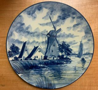 Delft Handpainted Signed 7 " Plate Made In Holland Windmills Blue & White