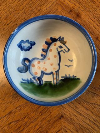 M.  A.  Hadley 5.  5 " Cereal Bowl Art Pottery Horse Picket Fence Blue Vtg