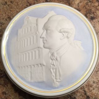 Thomas Jefferson Historical Porcelain Round Trinket Box Germany Hochst Blue Gold