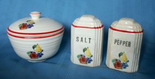Vintage Cronin Pottery Salt Pepper Shakers Grease Jar Bowl W Lid Fruit Red Trim