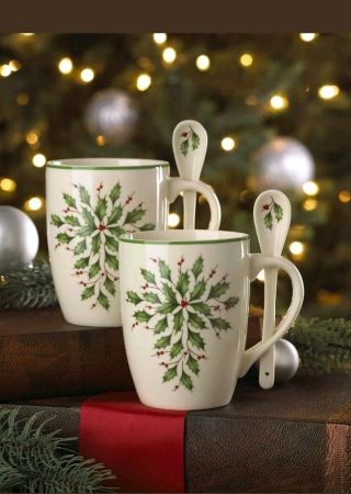 (nib) Coffee Tea Cocoa Mugs With Spoons Set Of 2 Ivory Holiday Holly Design