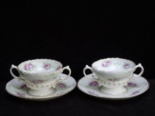 2 Antique Willets American Belleek Bouillon Cups And Saucers W/ Roses