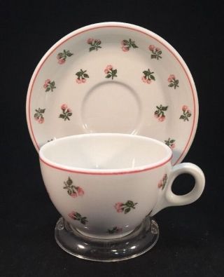 Pillivuyt French China Pil3 Pink Flowers Trim Green Leaves Cup & Saucer