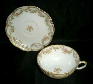 Theodore Haviland Limoges Tea Cup And Saucer Set Double Gold Rose Swag