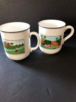 Vtg 2 Villeroy & Boch Laplau Design Naif Country Coffee Cups Mugs Rooster