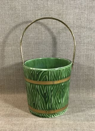 Vintage Hull Pottery Green 5” Bucket Planter Brass Handle 94b Signed