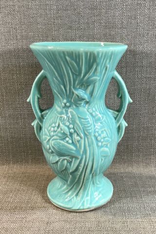 Vintage Mccoy Pottery Peacock Bird Of Paradise Green 2 Handled 8” Vase Signed