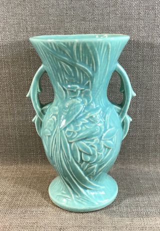 Vintage McCoy Pottery Peacock Bird Of Paradise Green 2 Handled 8” Vase Signed 4