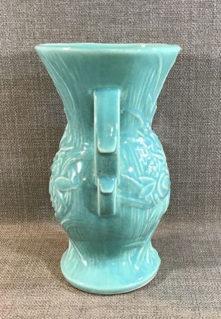 Vintage McCoy Pottery Peacock Bird Of Paradise Green 2 Handled 8” Vase Signed 5