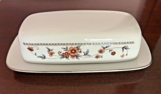Sheffield Anniversary Covered Butter Dish Fine China 1/4 Lb.  Gray,  Rust,  Blue
