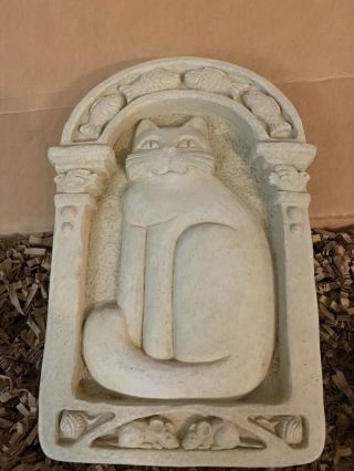 Carruth 1985 Cat Sitting In Arch With Fish Birds Mice Garden Stone Wall Plaque