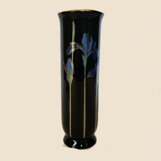 Vintage Otagiri Blue Iris Bud Vase Black Gold Trim Ceramic