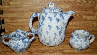 Vintage Bybee Blue Spongeware Teapot W/lid,  Creamer & Sugar Bowl W/lid
