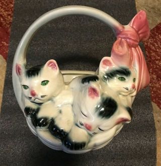 American Bisque Pottery 3 Kittens In Basket Handled Planter Vase Pink Bow