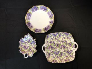 Royal Danube Porcelain Leaf Square And Round Dishes Plates Purple Pansy Pattern