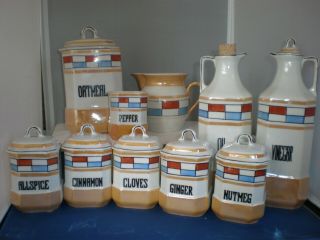 Vintage - Czech Pottery - Rkg Canister/4 1/2 " Pitcher/oil & Vinegar/6 Spice Jars