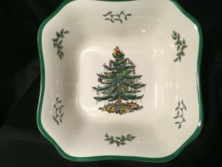 Spode Christmas Tree England Square 9 ½” Vegetable Serving Dish Bowl Green Trim
