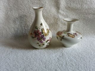 2 Zsolnay Pecs Hungary Painted Porcelain Floral Bud Flower Vases,  Gold Highlights