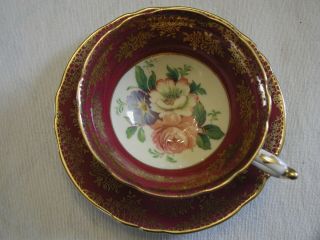 Deep Red Paragon Wide Mouth Tea Cup & Saucer With Floral Center
