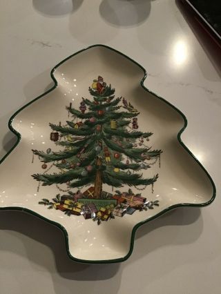 Spode Christmas 9”tree Shaped Plate Serving Tray Dish England Green Trim Holiday