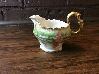 Limoges Coronet Creamer Green With Pink & White Flowers Gold Trim