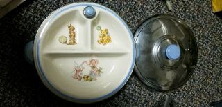 Vintage Baby Child Divided Dish Plate Food Warmer Blue With Lid