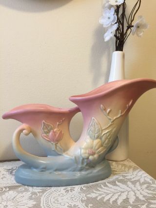 Vintage Hull Art Pottery Wildflower dual Cornucopia Vase Pink & Green 2