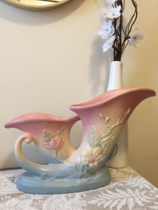 Vintage Hull Art Pottery Wildflower dual Cornucopia Vase Pink & Green 3