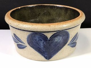 Rowe Pottery Stoneware Bowl Or Small Crock 3 " Tall Blue Heart