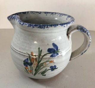 Owens Seagrove Nc Pottery Creamer Pitcher Blue Flowers