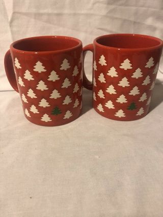 Waechtersbach Germany White & Green Christmas Trees Red Coffee Mugs Set Of 2