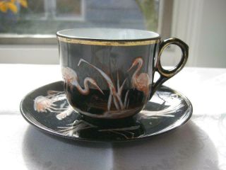Antique Hand Painted Black China Espresso Cup & Saucer Herons In Reeds Gold Trim