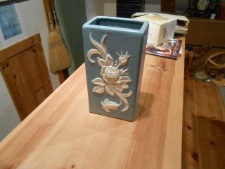 Weller Pottery Blue Square Vase With White Rose Cameo