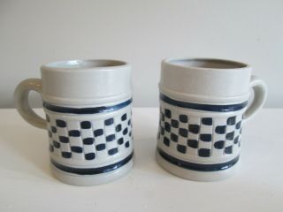 Williamsburg Salt Glaze Blue Checked Coffee Mugs 3.  5 " Pottery Pair