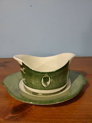 China: Colonial Homestead By Royal Green & White Gravy Bowl W/plate W/handles
