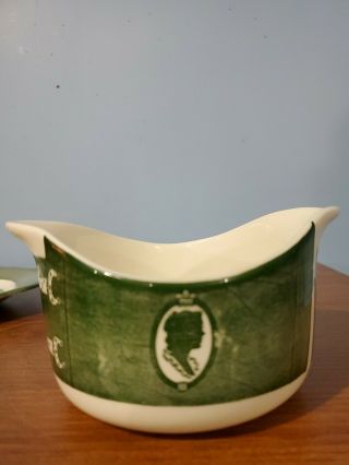 CHINA: COLONIAL HOMESTEAD BY ROYAL green & white GRAVY BOWL w/PLATE w/handles 2