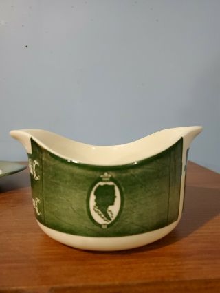 CHINA: COLONIAL HOMESTEAD BY ROYAL green & white GRAVY BOWL w/PLATE w/handles 4