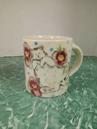 Mei Ming Ware (1988) Santa Fe Nm Handmade Cat And Flower Mug Rare