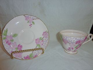 Tuscan Fine English Bone China Pink Tea Cup & Saucer - Pink & Purple W/gold Trim