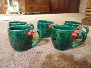 5 Vintage Lefton Christmas Green Glazed Holly Leaf Coffee Mugs,  Berries,  1366
