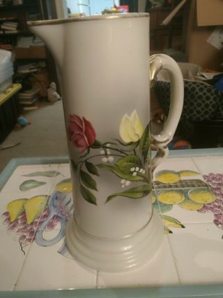 Antique Austria Porcelain Pitcher Vase Hand Painted Flowers 12 Inches Tall