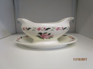 Vintage Pope Gosser Pink Peony Gravy Boat With Attached Tray Made In Usa