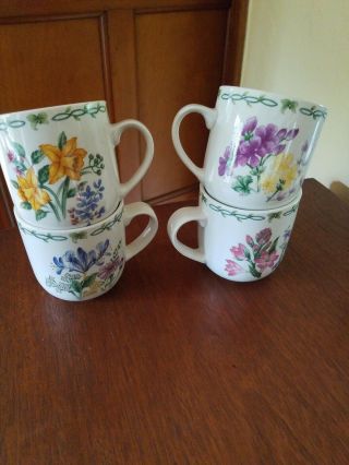 Set Of 4 Thomson Pottery Floral Garden Flowers Cups/mugs 10 Oz