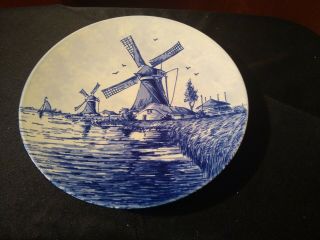 Made In Holland Blue Delft 8 " Charger / Wall Hanging Plate.  Windmill & Sailboat