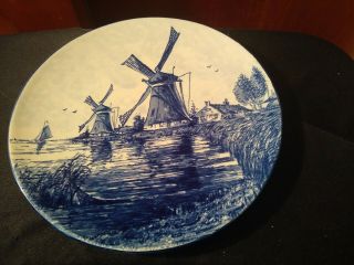 Made In Holland Blue Delft 10 " Charger / Wall Hanging Plate.  Windmill & Sailboat